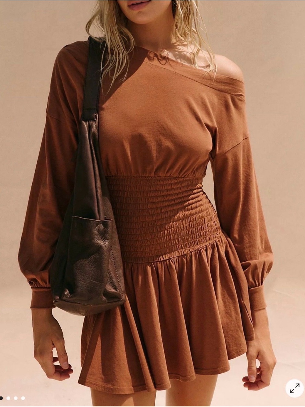 Free People One-Shoulder Smocked Waist Dress - Brown
